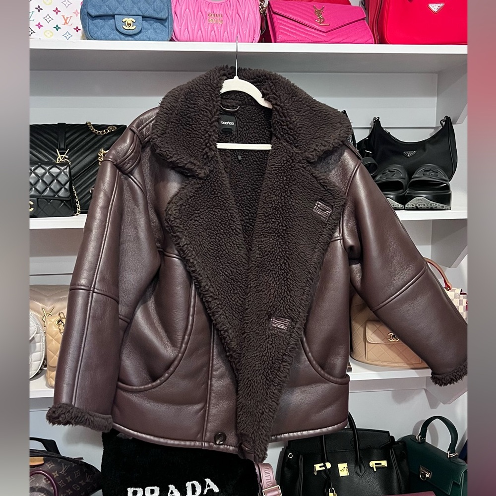 Boohoo Dark Brown Faux Leather Shearling-Trim Jacket - Picture 9 of 11